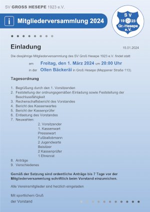 Einladung zur Mitgliederversammlung am 01.03.2024