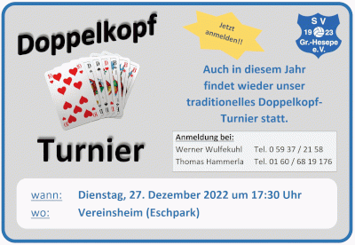 Doppelkopfturnier am 27.12.2022 um 17:30 Uhr im Vereinsheim - Jetzt anmelden!