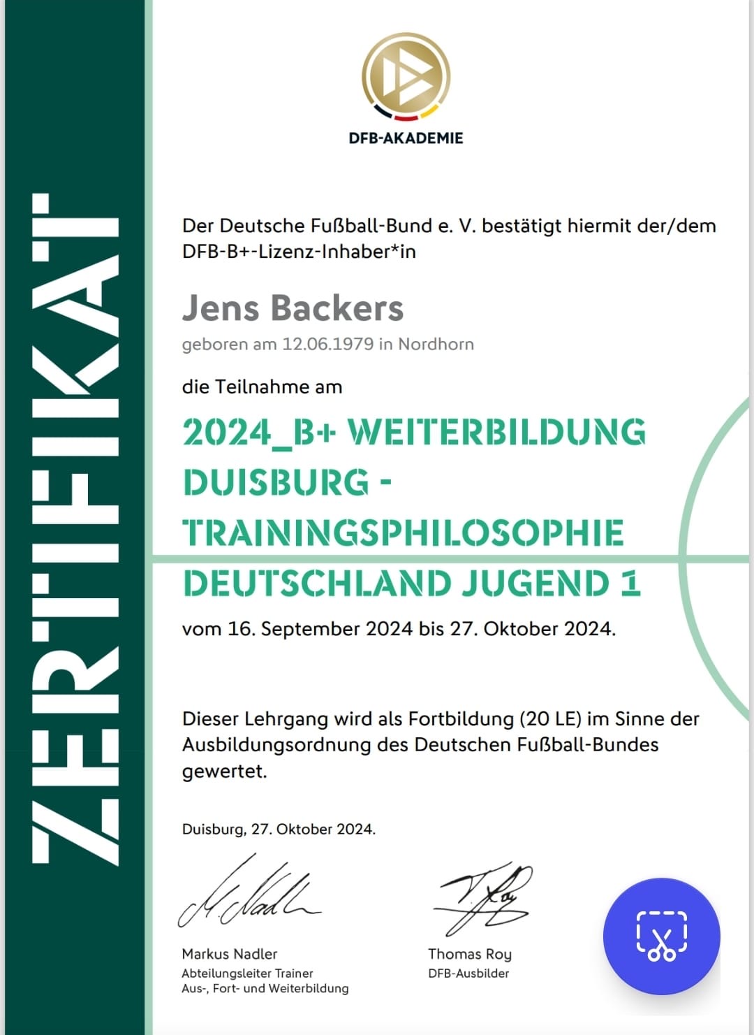 Jens Backers erlangt Verlängerung der DFB B+-Lizenz